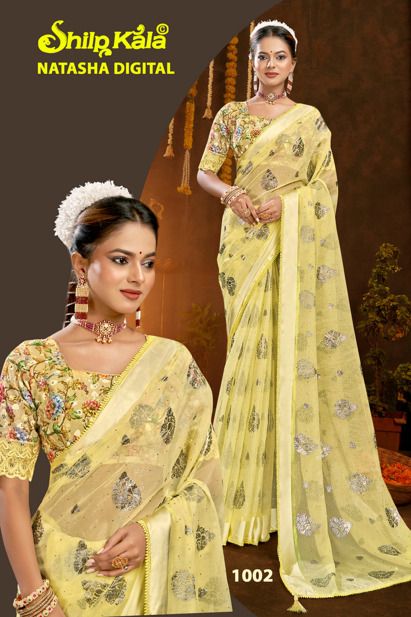 Natasha Simmer Chiffon Saree with Lace Work and Digital Printed Shifli Blouse (8 Colours).