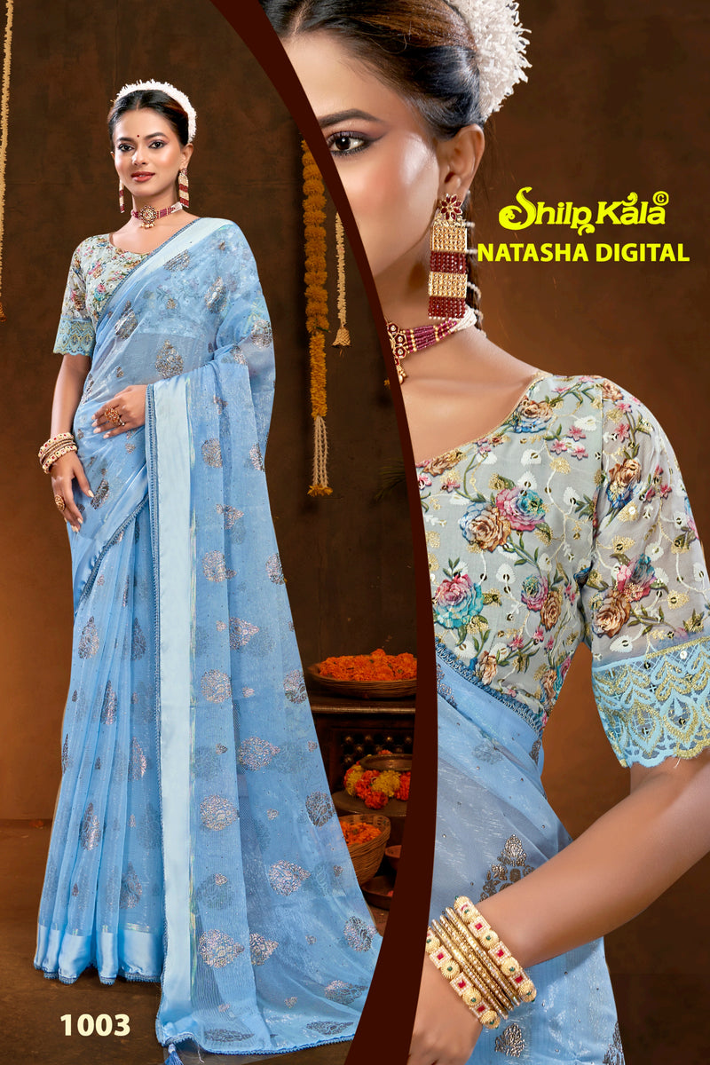 Natasha Simmer Chiffon Saree with Lace Work and Digital Printed Shifli Blouse (8 Colours).