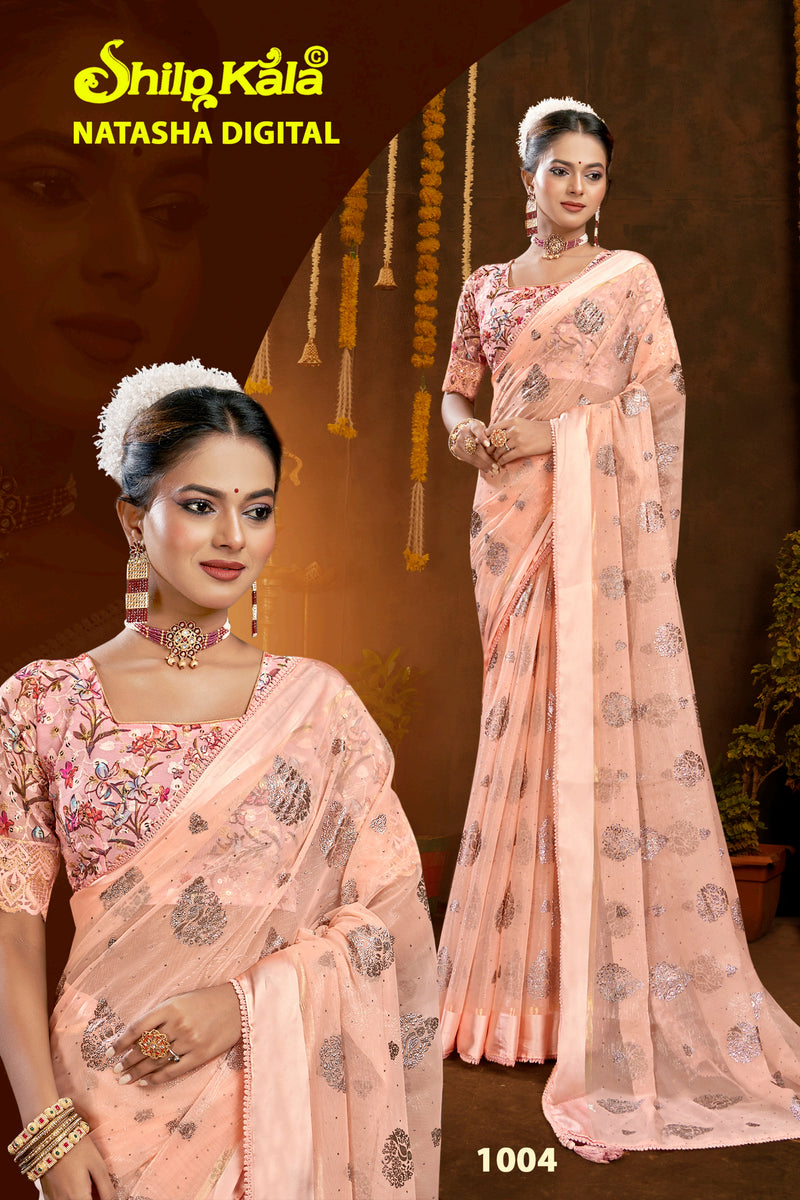 Natasha Simmer Chiffon Saree with Lace Work and Digital Printed Shifli Blouse (8 Colours).