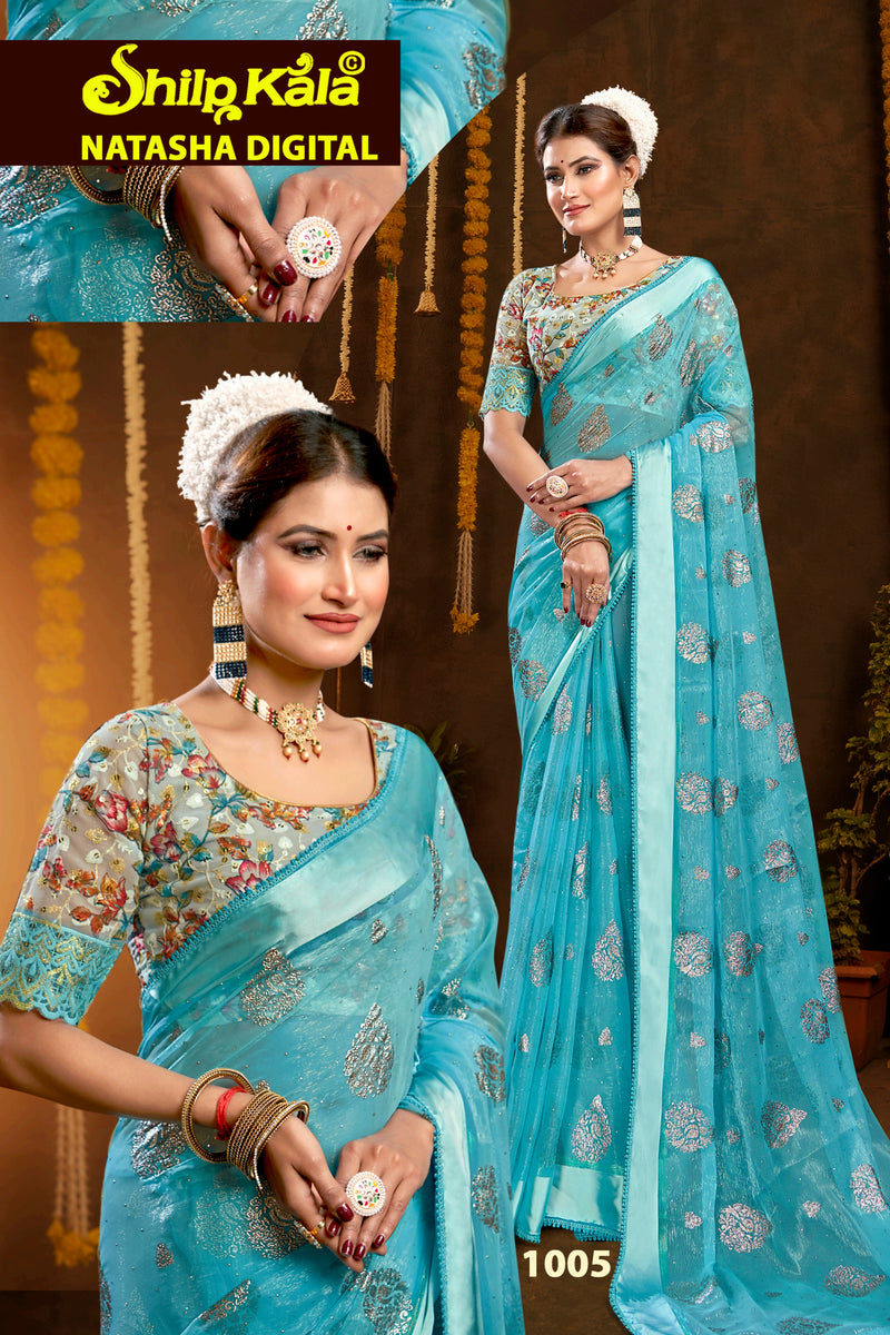 Natasha Simmer Chiffon Saree with Lace Work and Digital Printed Shifli Blouse (8 Colours).