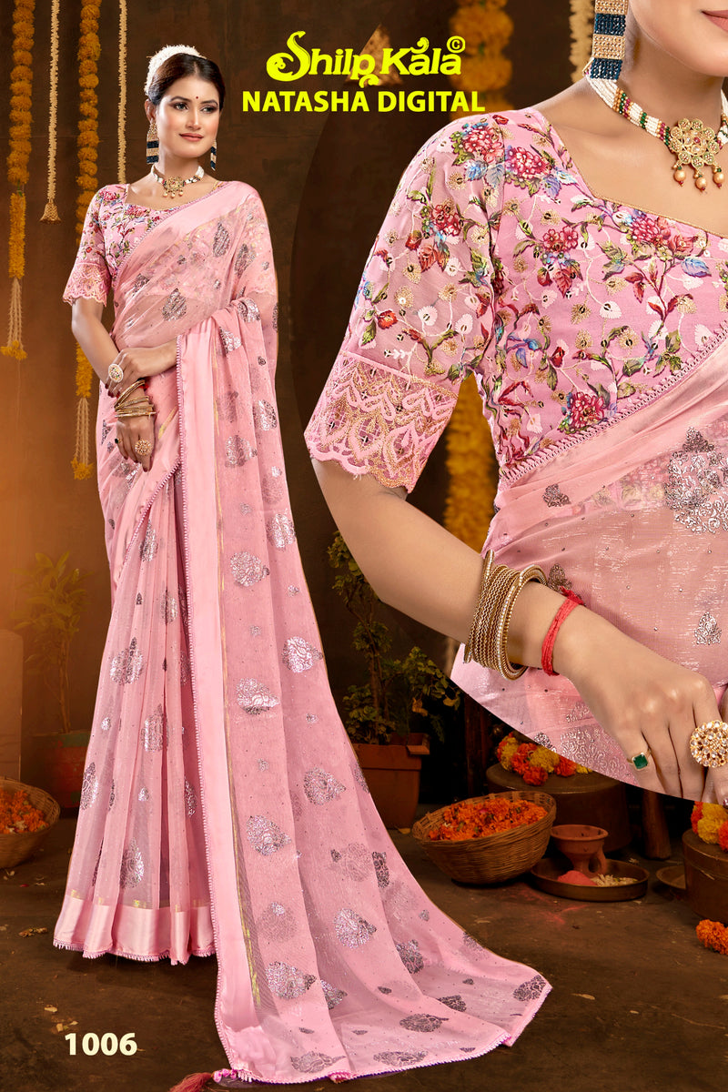 Natasha Simmer Chiffon Saree with Lace Work and Digital Printed Shifli Blouse (8 Colours).