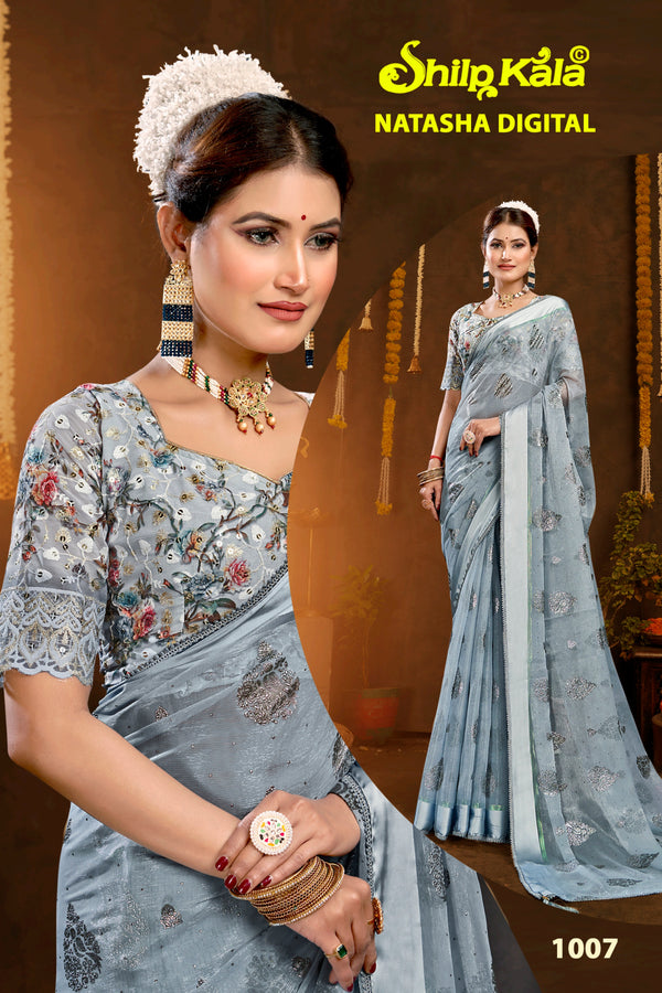 Natasha Simmer Chiffon Saree with Lace Work and Digital Printed Shifli Blouse (8 Colours).