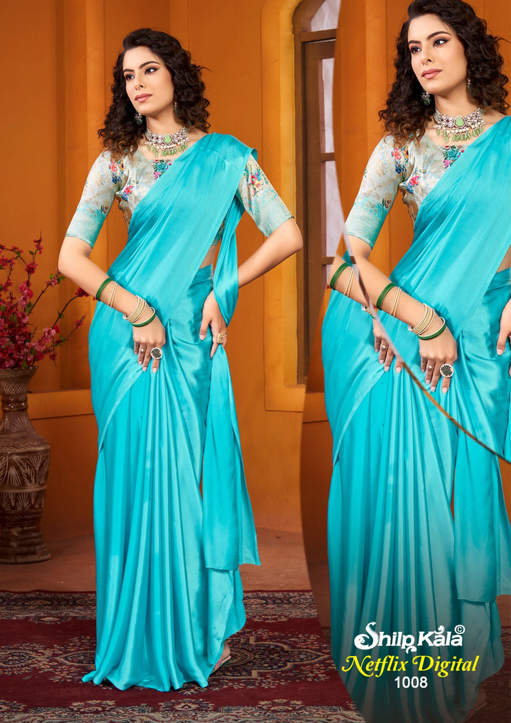 Netflix Multicolour Satin Saree with Jacquard Blouse (8 Colours Available).