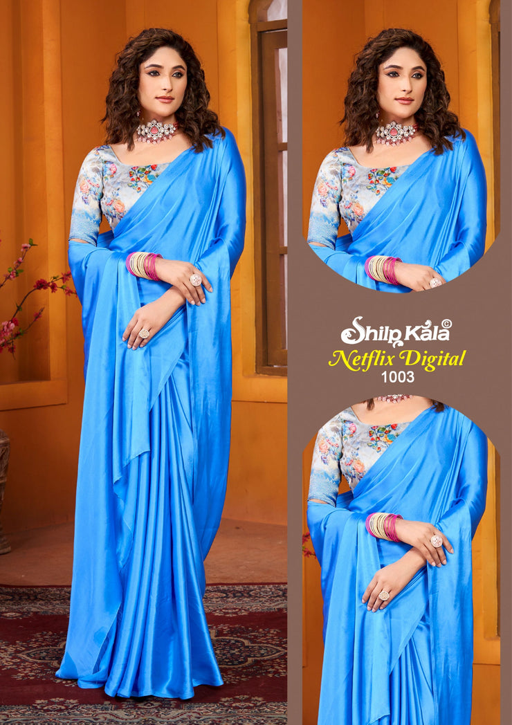 Netflix Multicolour Satin Saree with Jacquard Blouse (8 Colours Available).