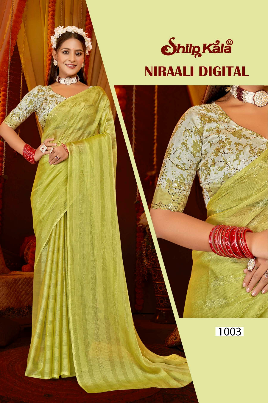 Niraali Shilpkala Fashions Multicolour Moss Saree with Digital Printed Blouse.