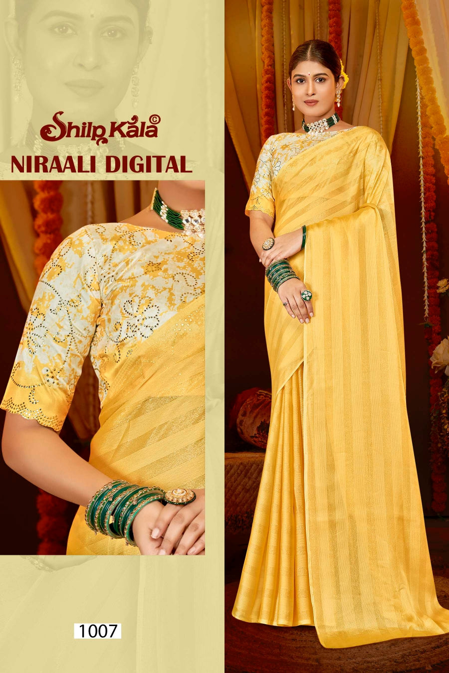 Niraali Shilpkala Fashions Multicolour Moss Saree with Digital Printed Blouse.