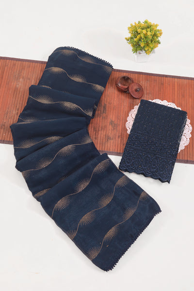 Omega Petrol Blue Chiffon Saree with Tone to Tone Matching