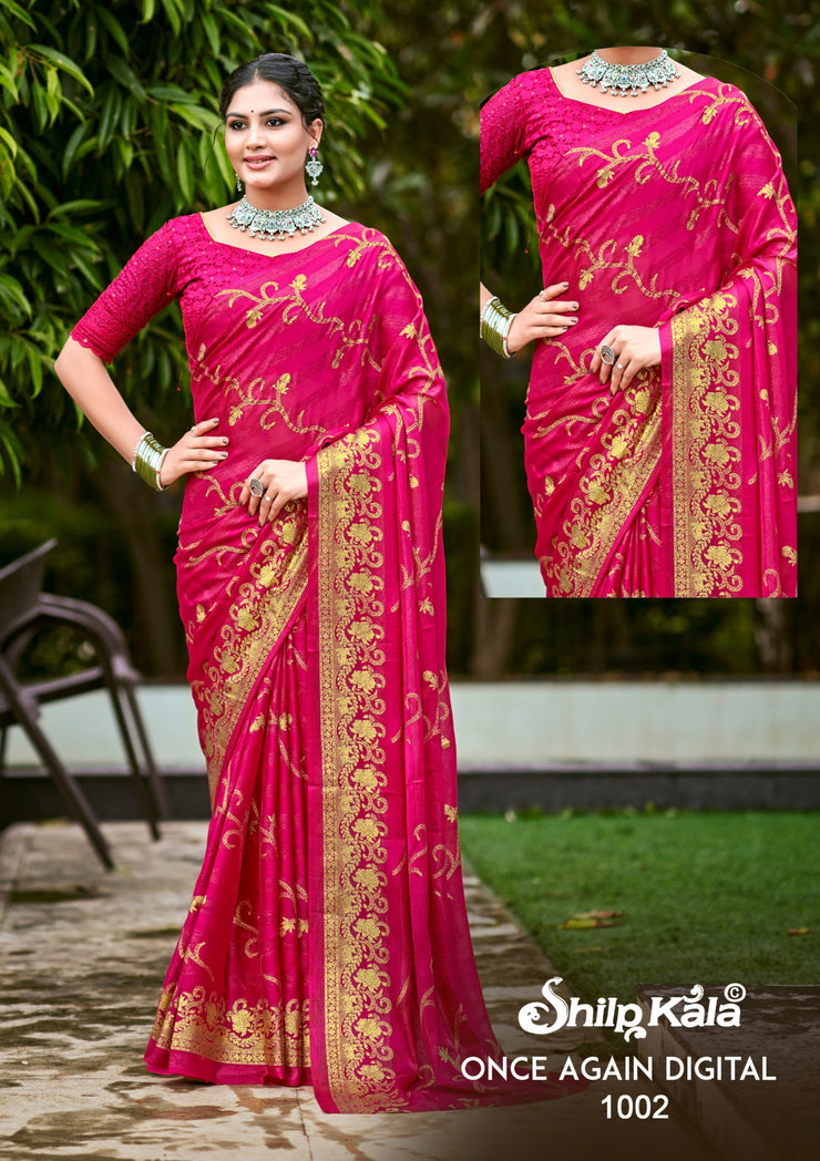 Once Again Fancy Fabric Saree with Tone to Tone Matching (8 Colours).