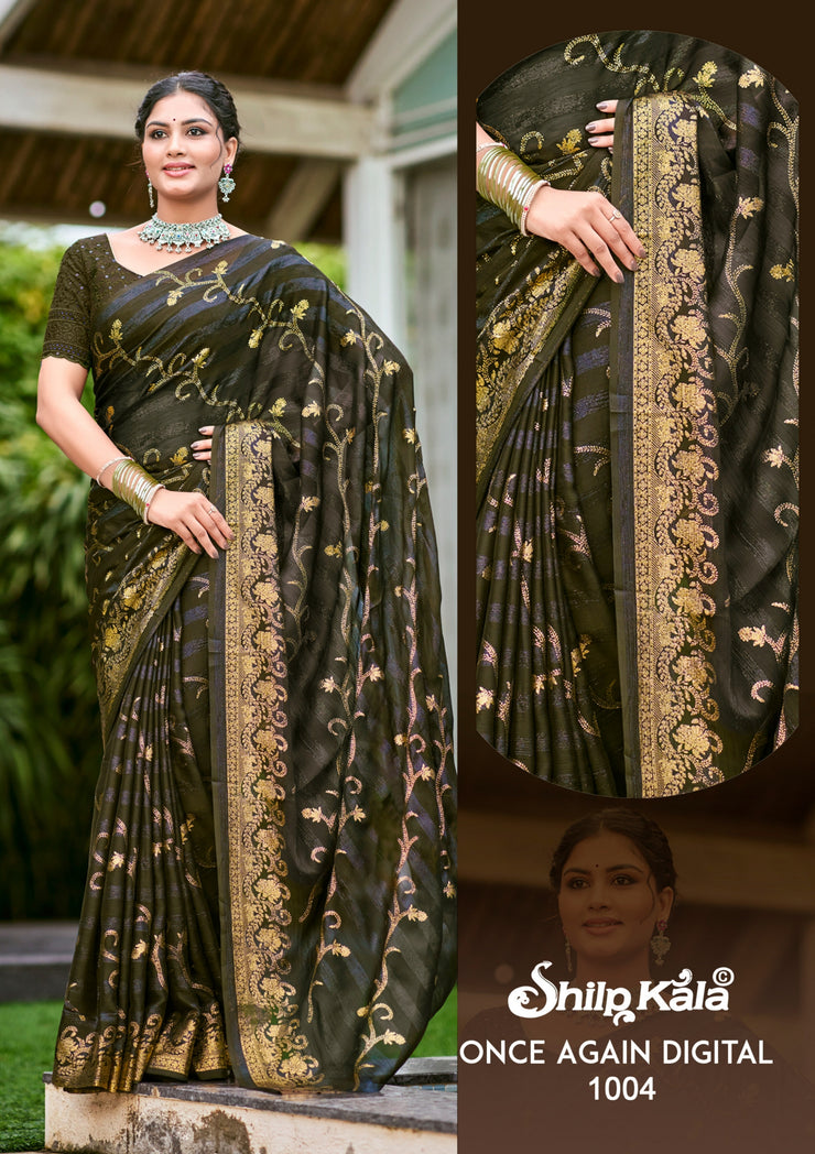 Once Again Fancy Fabric Saree with Tone to Tone Matching (8 Colours).