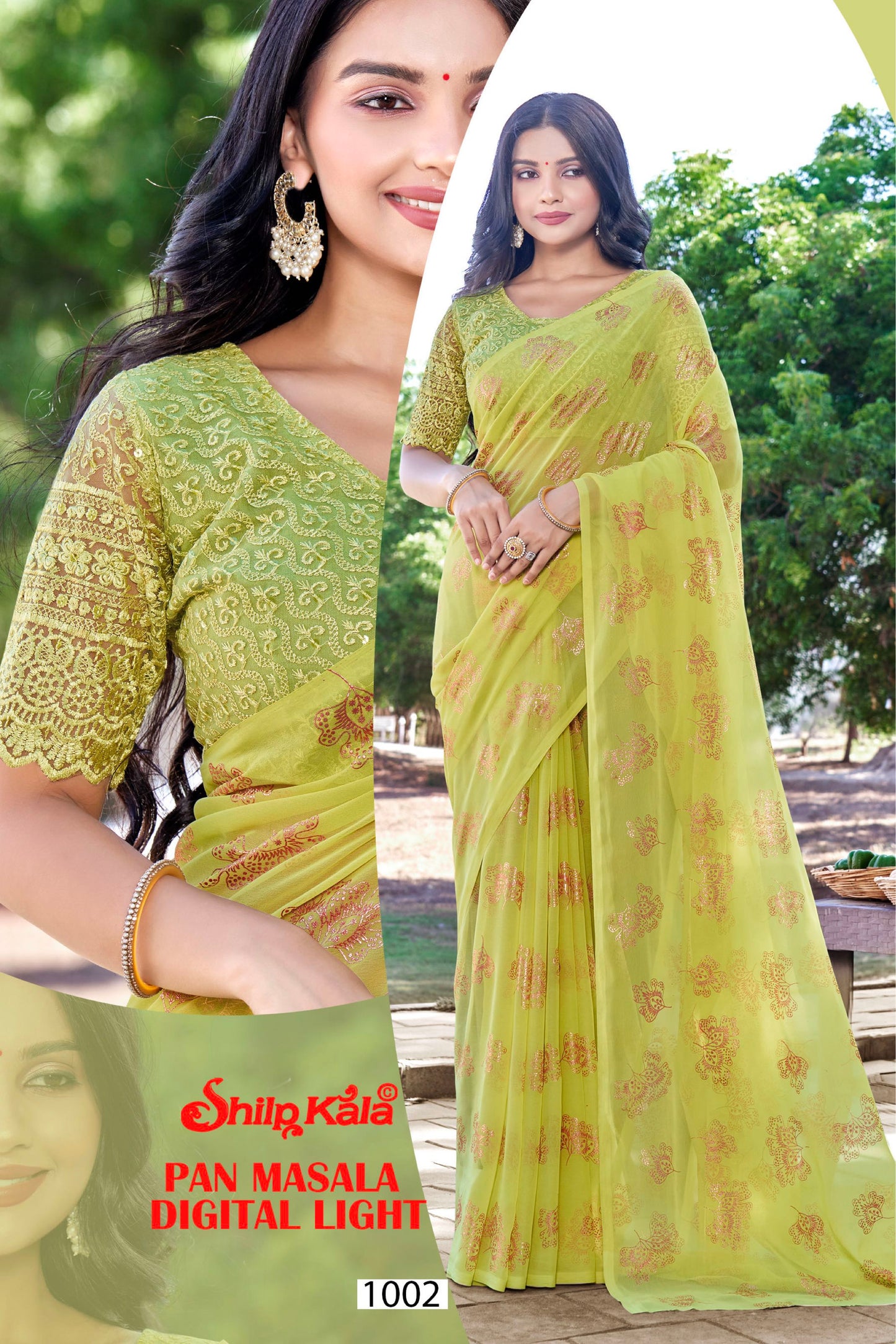 Pan Multicolour Georgette Saree with Copper Printing and Tone to Tone Matching