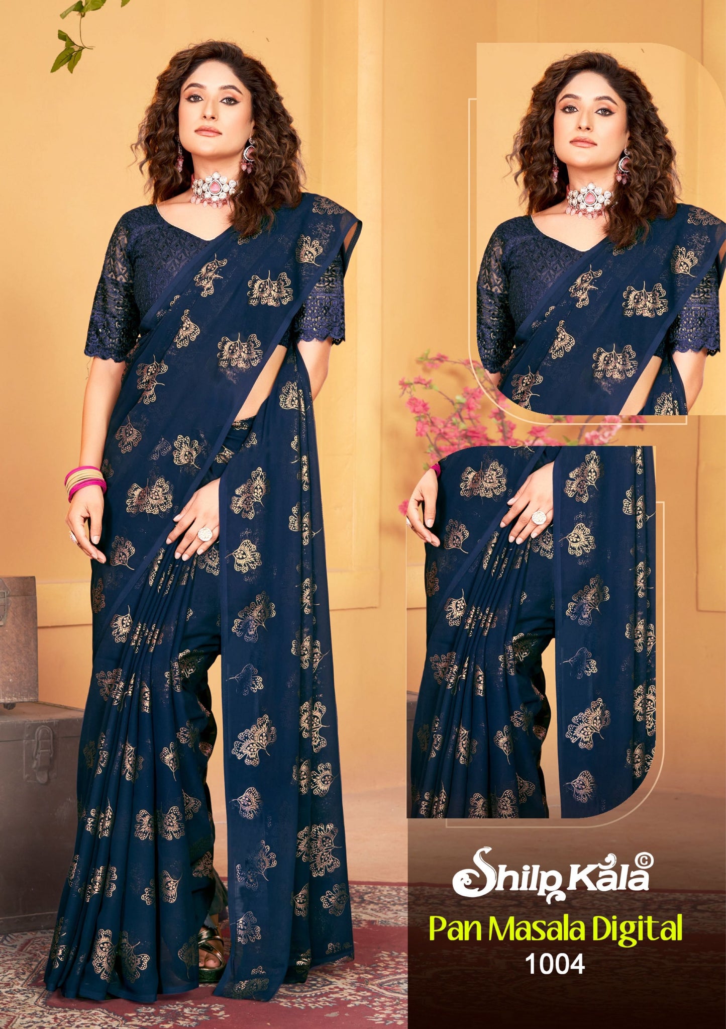 Pan Masala Dark Multicolor Georgette Saree with Net Shifli Blouse and Tone to Tone Matching