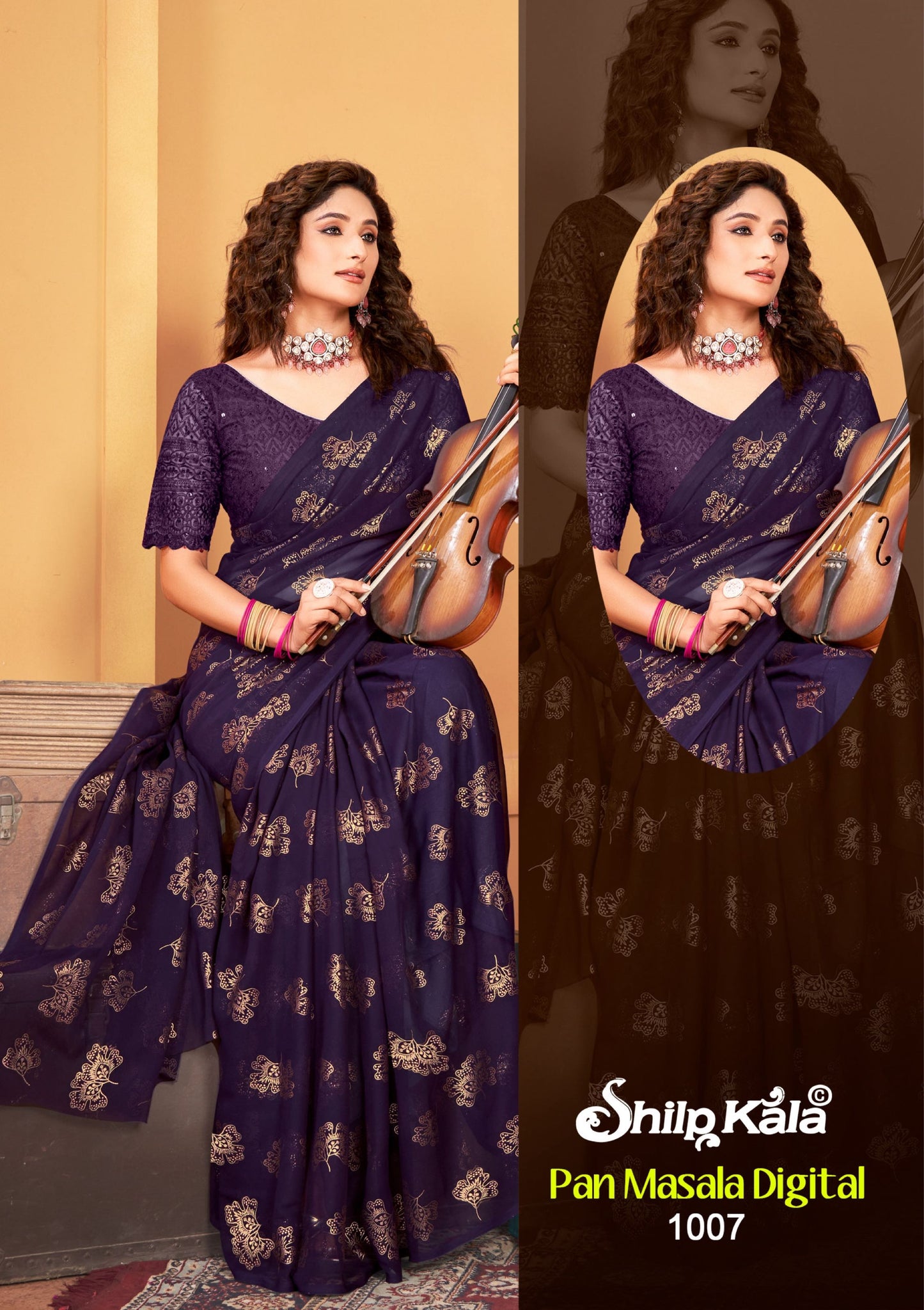 Pan Masala Dark Multicolor Georgette Saree with Net Shifli Blouse and Tone to Tone Matching