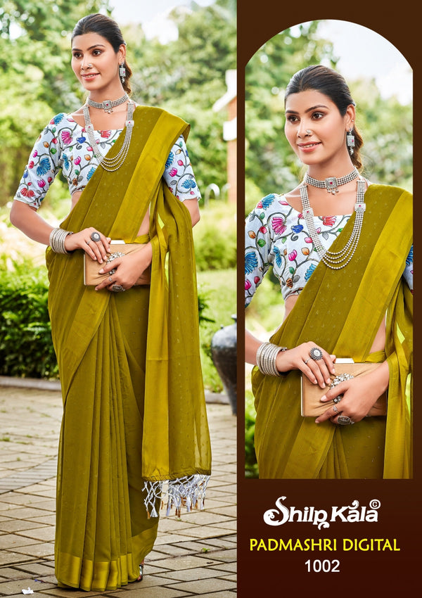 Padmashri Multicolour Satin Chiffon Saree with Digital Printed Blouse (8 Colours).