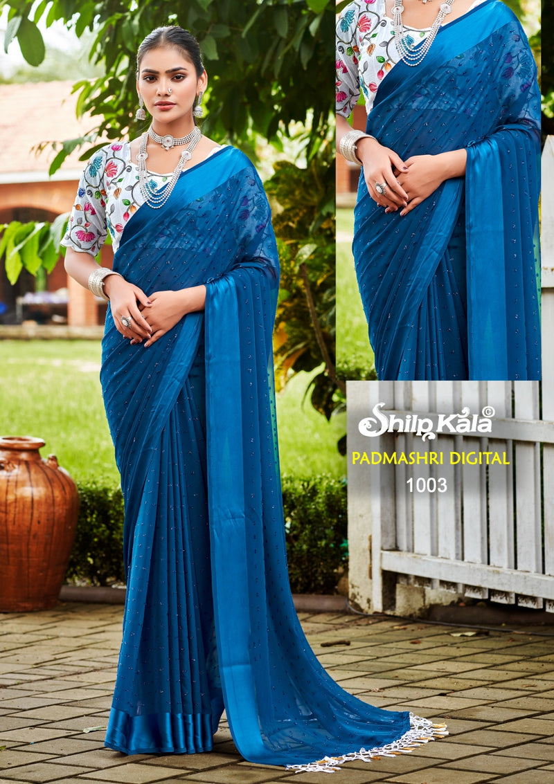 Padmashri Multicolour Satin Chiffon Saree with Digital Printed Blouse (8 Colours).