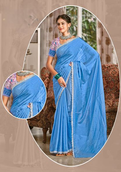 Parasmani Multicolor Satin Saree with Fancy Lace Work (8 Colours Available).