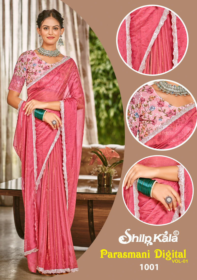 Parasmani Multicolor Satin Saree with Fancy Lace Work (8 Colours).