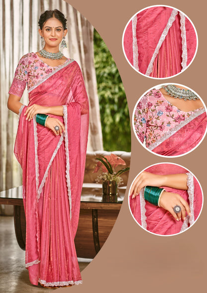 Parasmani Multicolor Satin Saree with Fancy Lace Work (8 Colours Available).