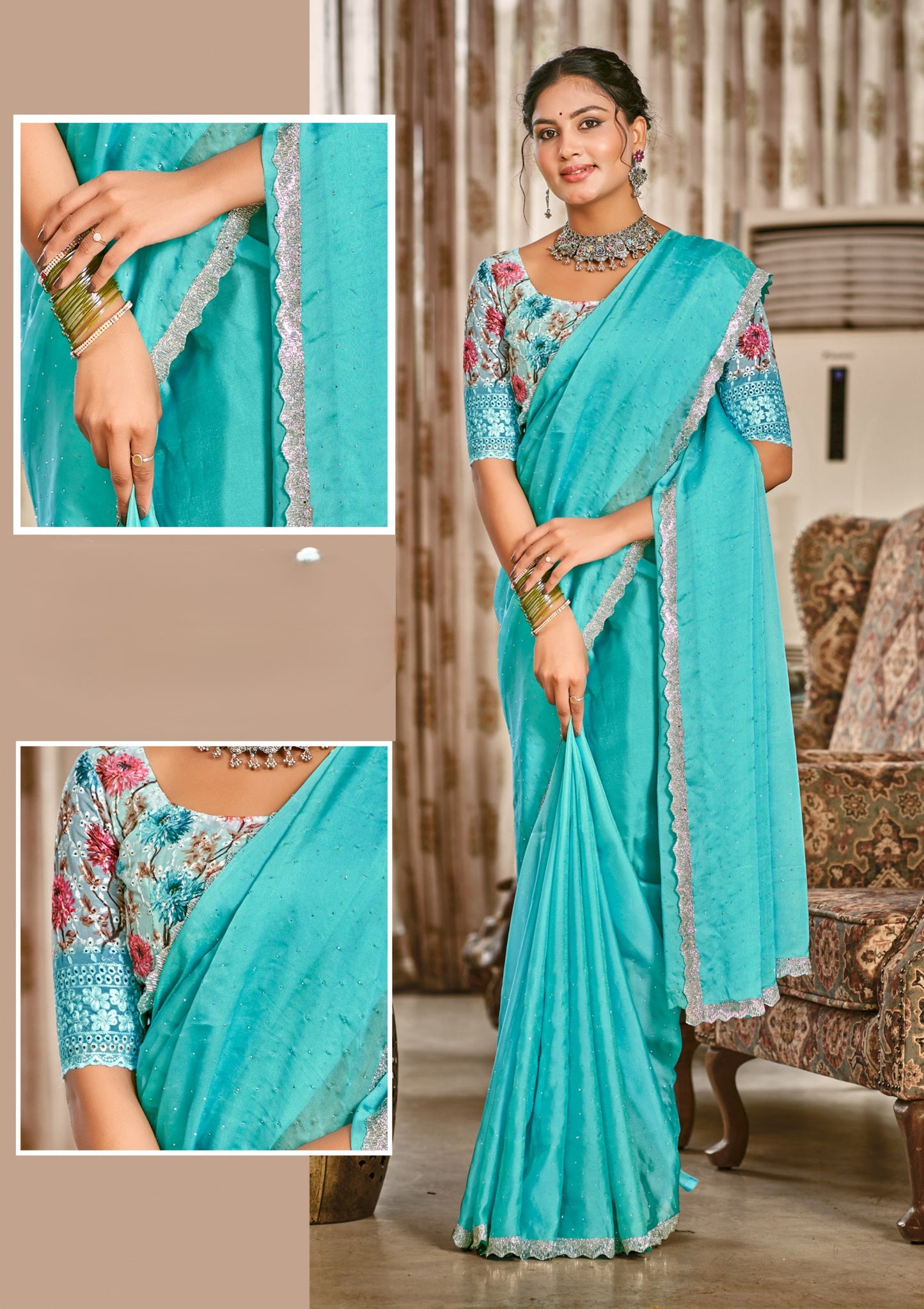 Parasmani Multicolor Satin Saree with Fancy Lace Work (8 Colours Available).