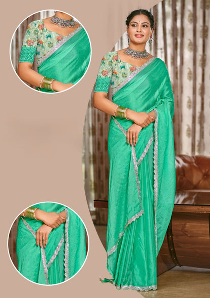 Parasmani Multicolor Satin Saree with Fancy Lace Work (8 Colours Available).