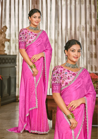 Parasmani Multicolor Satin Saree with Fancy Lace Work (8 Colours Available).