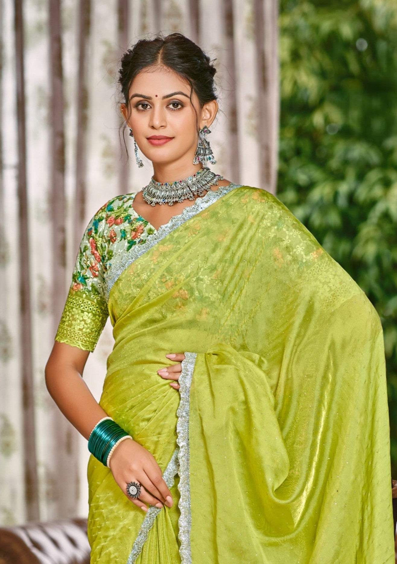 Parasmani Multicolor Satin Saree with Fancy Lace Work (8 Colours Available).