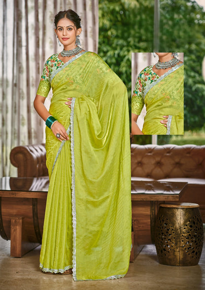 Parasmani Multicolor Satin Saree with Fancy Lace Work (8 Colours Available).