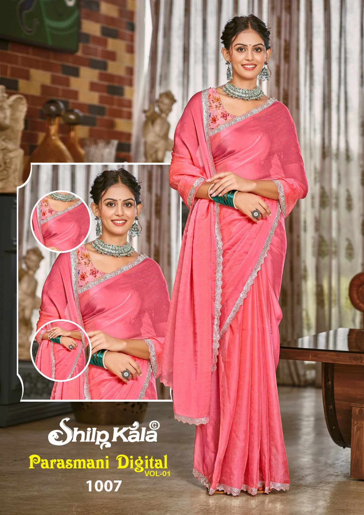 Parasmani Multicolor Satin Saree with Fancy Lace Work (8 Colours).