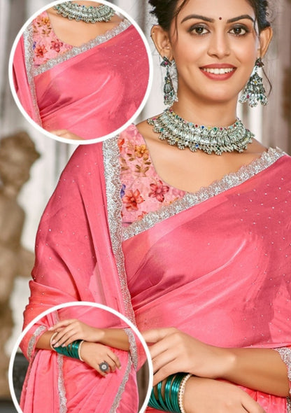 Parasmani Multicolor Satin Saree with Fancy Lace Work (8 Colours Available).