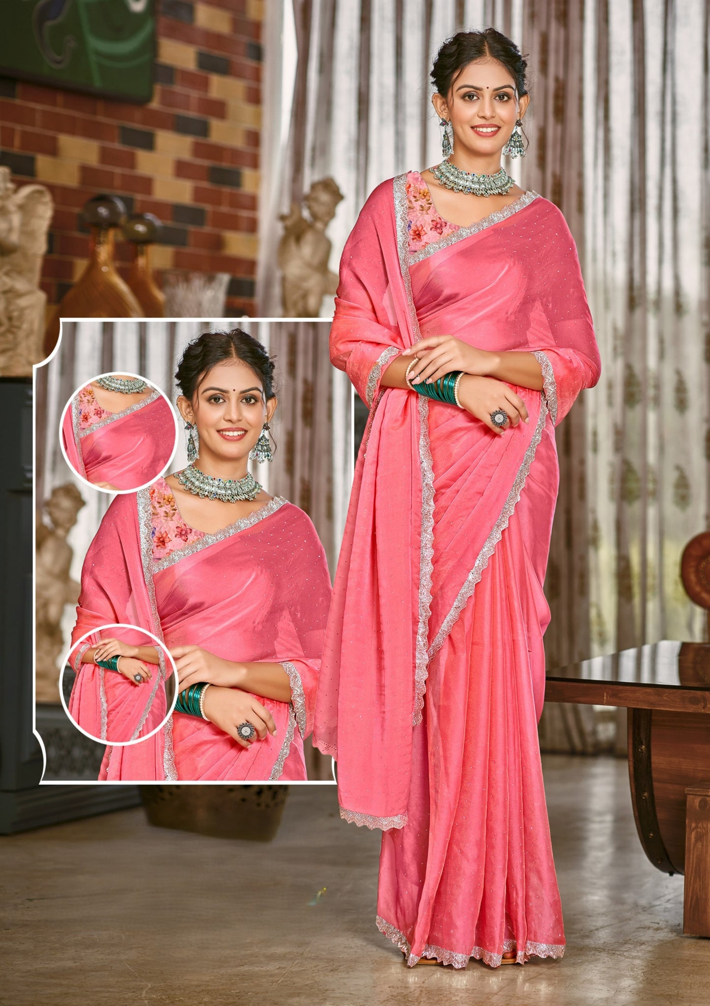 Parasmani Multicolor Satin Saree with Fancy Lace Work (8 Colours Available).