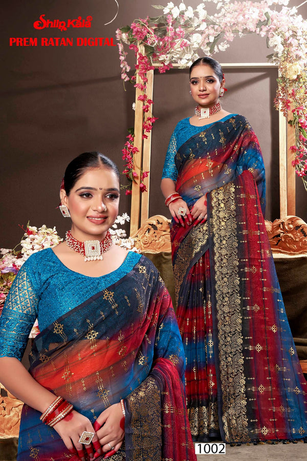 Prem Ratan Chiffon Saree with Net Blouse (8 Colours Available).