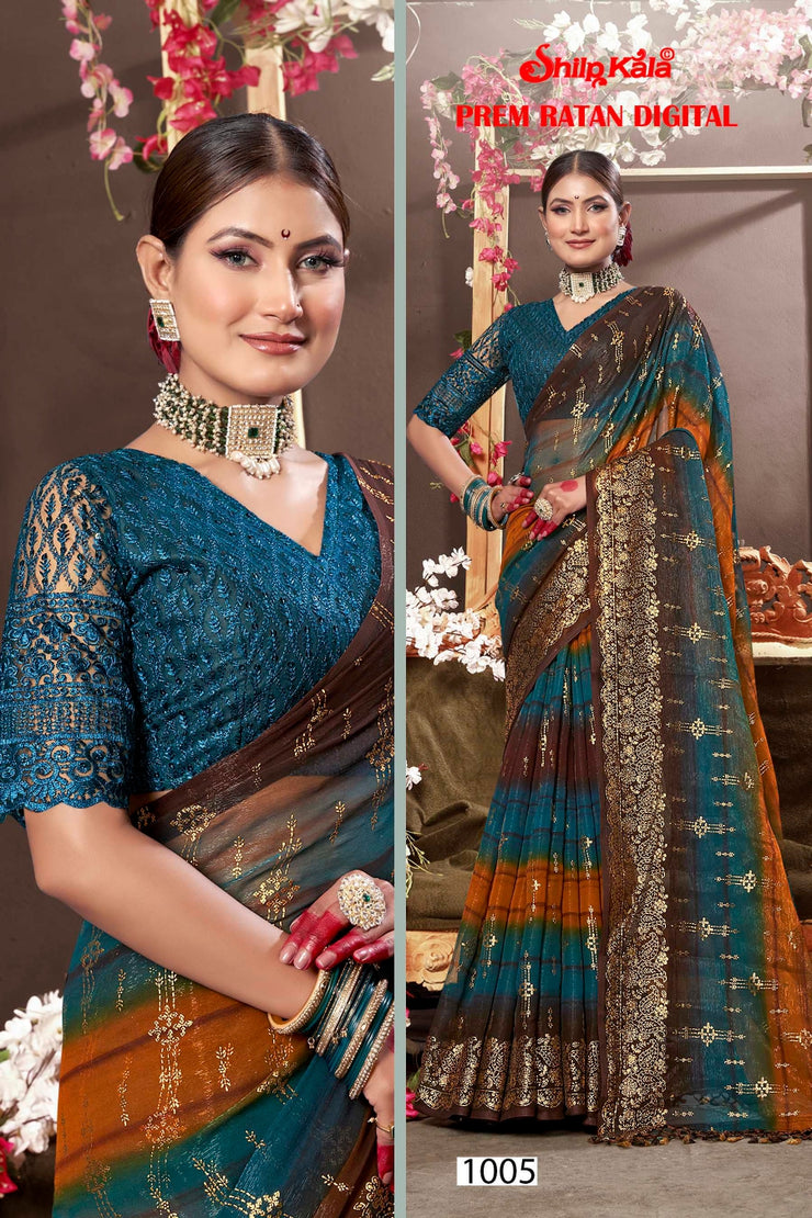 Prem Ratan Chiffon Saree with Net Blouse (8 Colours Available).