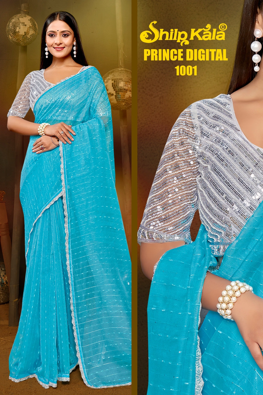 Prince Shilpkala Fashions Fancy Fabric Blouse and Plain Saree with Lace Work