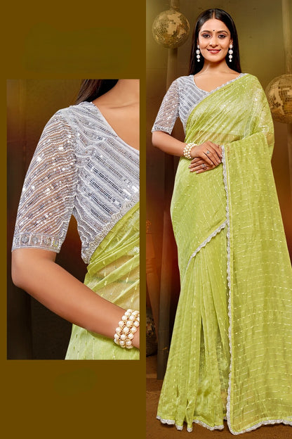 Prince Shilpkala Fashions Fancy Fabric Blouse and Plain Saree with Lace Work (8 Colours Available).