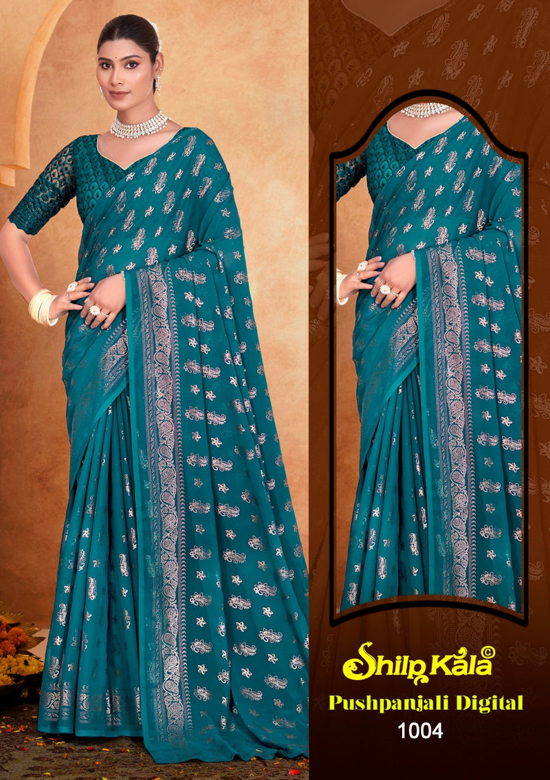 Pushpanjali Multicolour Georgette Fabric with Silver Foil Printing.