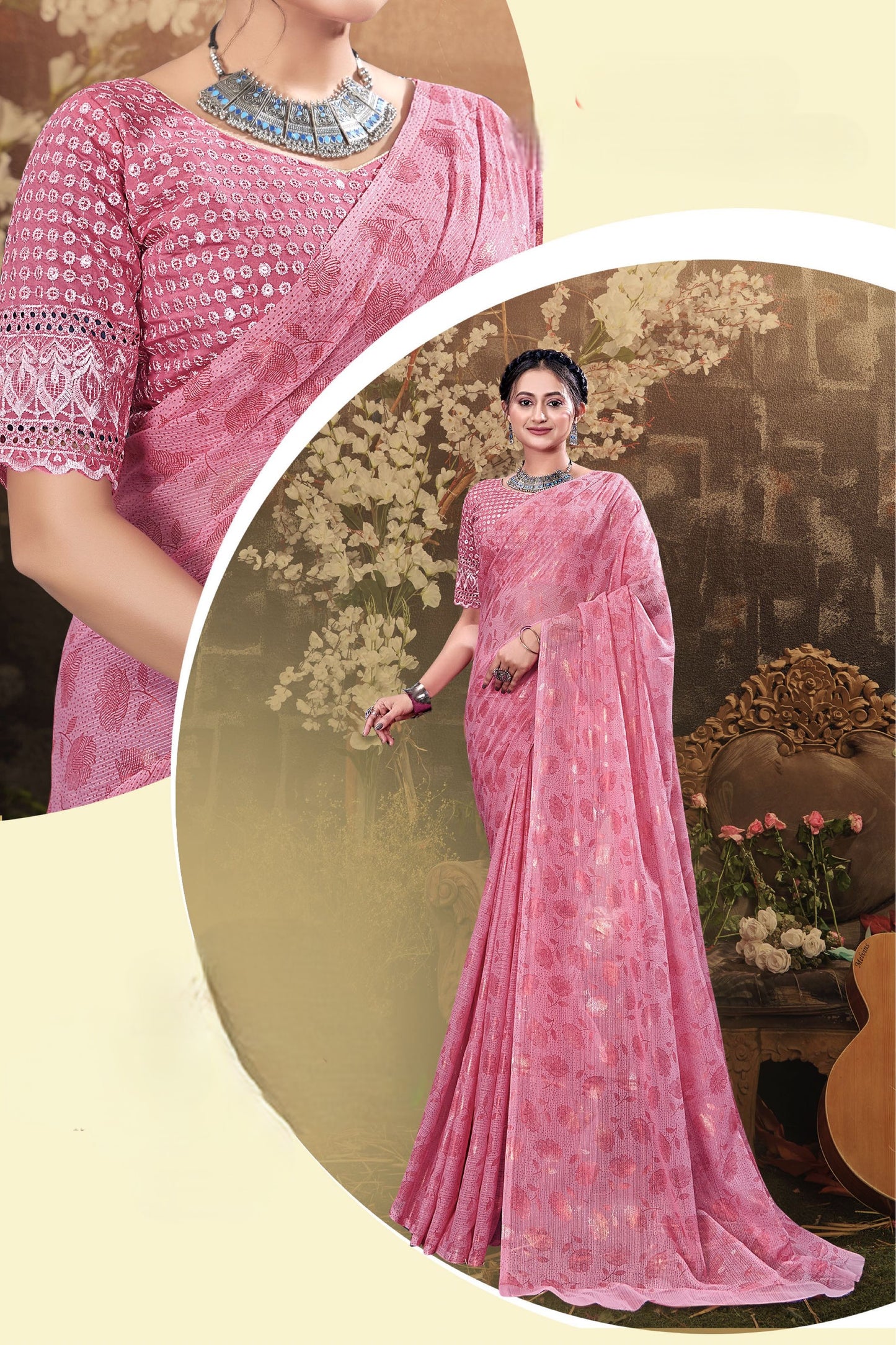 Rose Gold Multicolor Georgette Saree with Tone to Tone Matching (8 Colours Available).