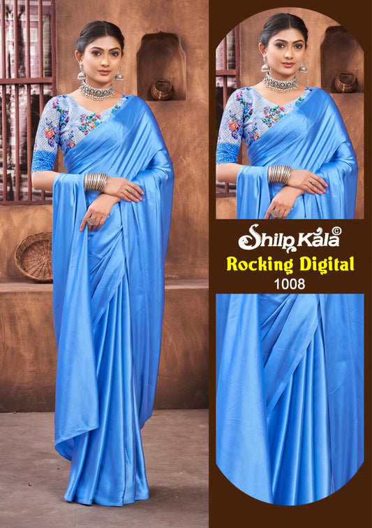 Rocking Multicolour Satin Saree with Digital Printed Blouse