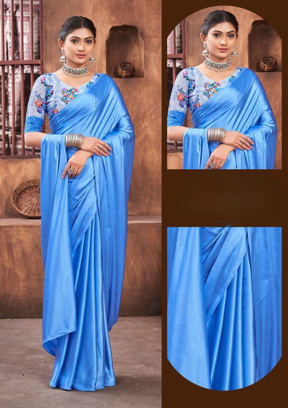 Rocking Multicolour Satin Saree with Digital Printed Blouse (8 Colours Available).