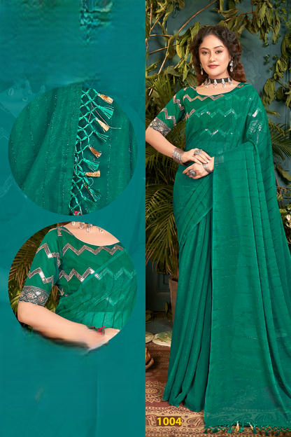 Roopkala Fancy Designer Saree with Copper Foil and Work Blouse with Jhaalar (4 Colours Available).