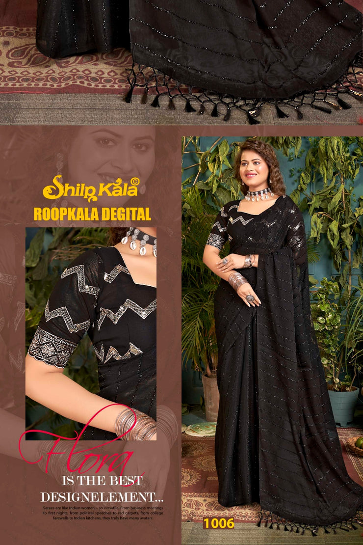 Roopkala Fancy Designer Saree with Copper Foil and Work Blouse with Jhaalar (8 Colours Available).