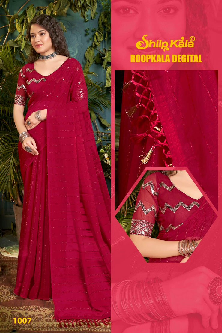 Roopkala Fancy Designer Saree with Copper Foil and Work Blouse with Jhaalar (8 Colours Available).