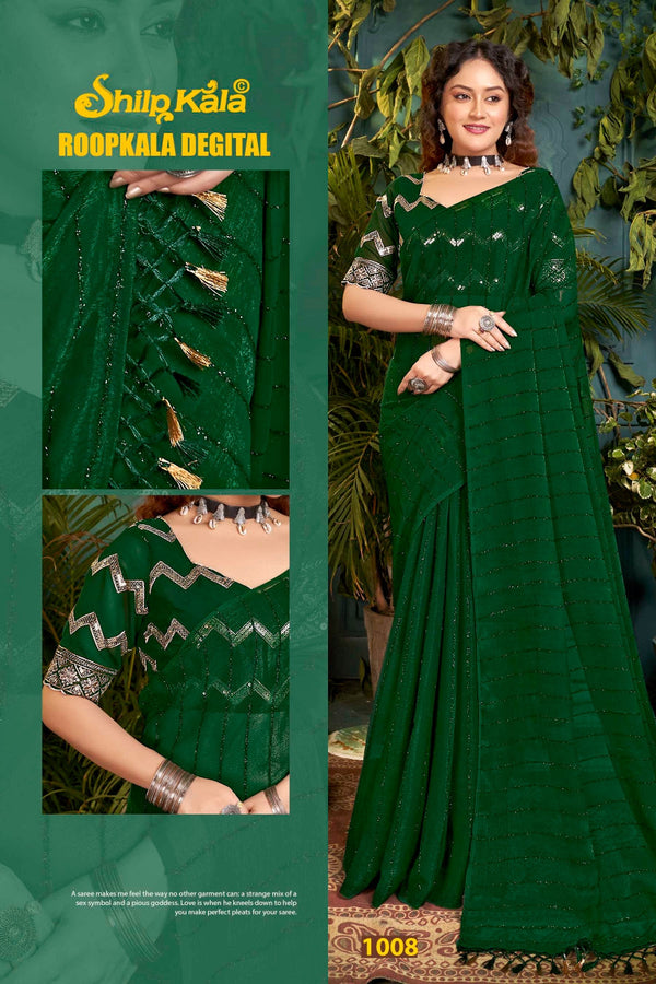 Roopkala Bottle Green Saree with Copper Foil and Work Blouse with Jhaalar