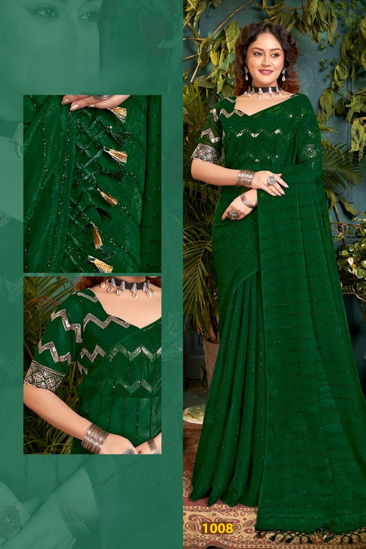 Roopkala Bottle Green Saree with Copper Foil and Work Blouse with Jhaalar