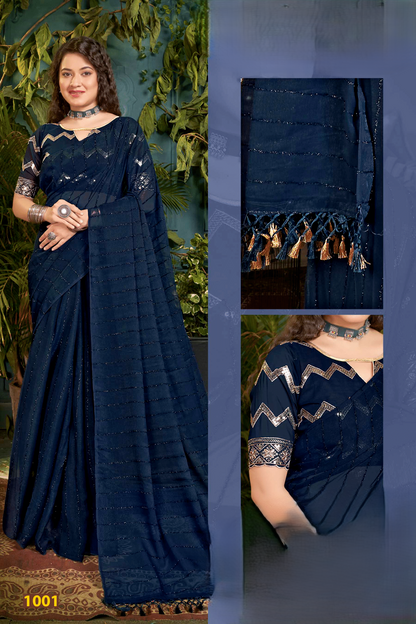 Roopkala Fancy Designer Saree with Copper Foil and Work Blouse with Jhaalar (4 Colours Available).