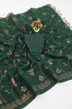 Roseline Bottle Green Chiffon Saree with Rose Flower Print