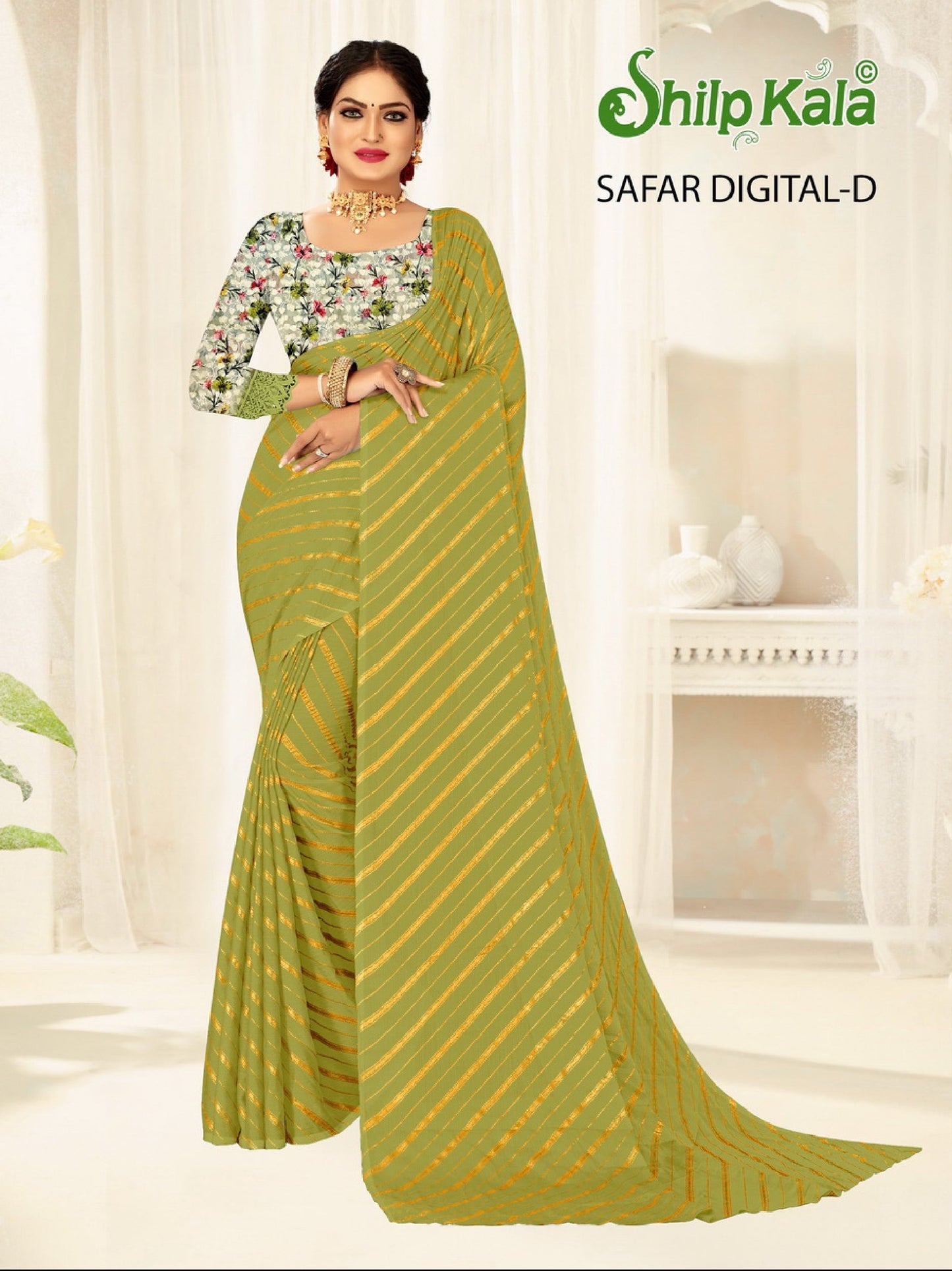 Safar Multicolor Saree with Gold Foil and Digital Printed Blouse