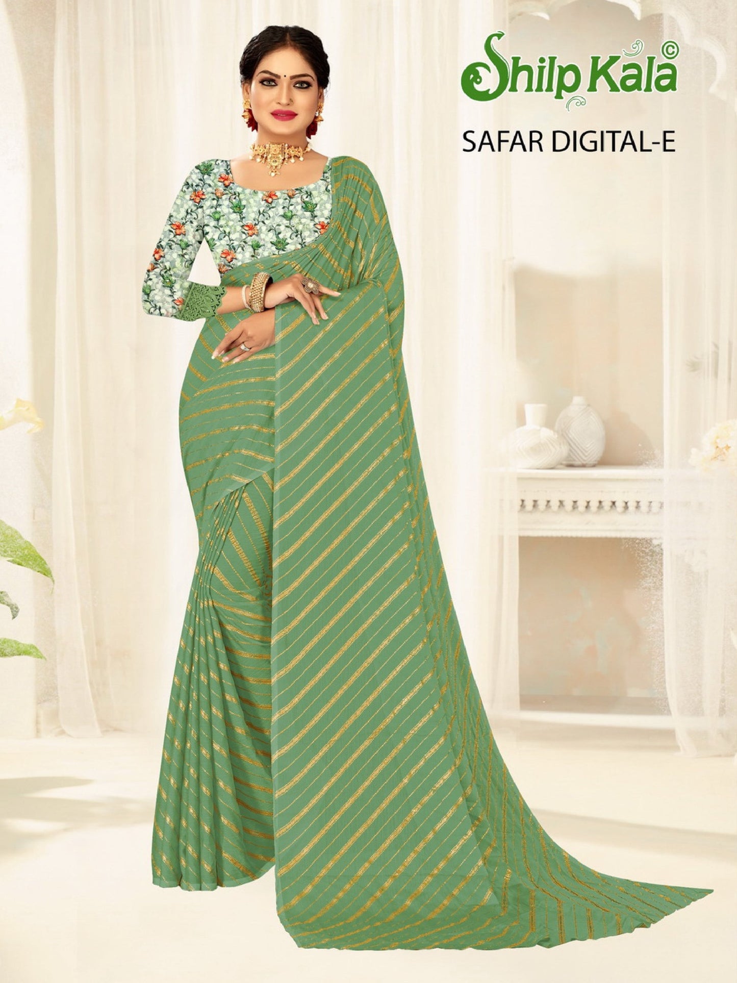 Safar Multicolor Saree with Gold Foil and Digital Printed Blouse