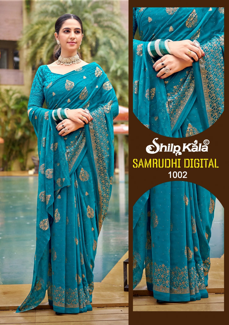 Samruddhi Georgette Saree with Chanderi Blouse (8 Colours Available)