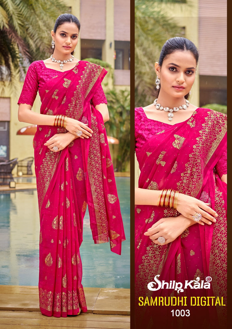 Samruddhi Georgette Saree with Chanderi Blouse (8 Colours Available)