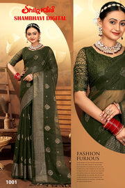 Sambhavi Mehendi green Chiffon Saree with Tone to Tone Matching and Net Blouse