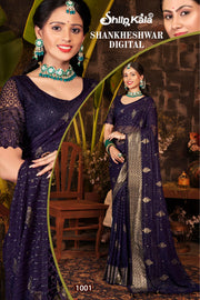 Sankheshwar Purple Fancy Rimjhim Saree with Net Blouse and Tone to Tone Matching